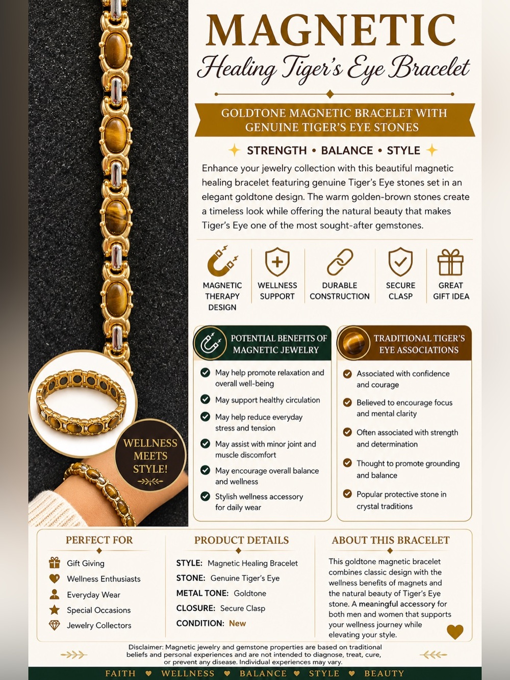 Magnetically Healing Tiger's Eye Bracelet - Goldtone